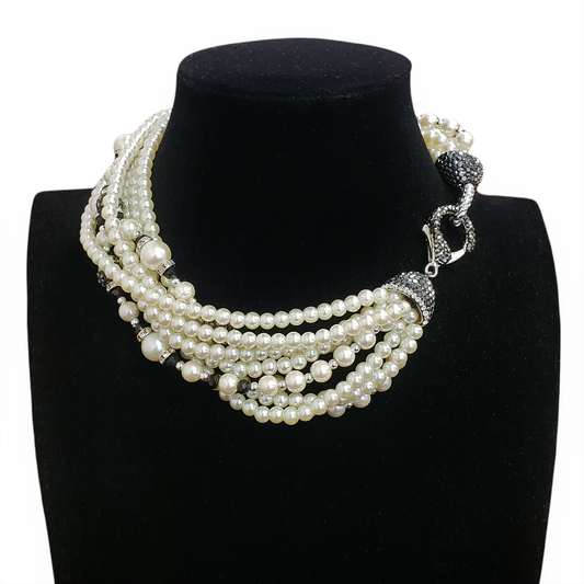 Gardenia Jewelry Ltd. - Pearl & Rhinestone Fireball Twist w/ Chunky Clasp Necklace