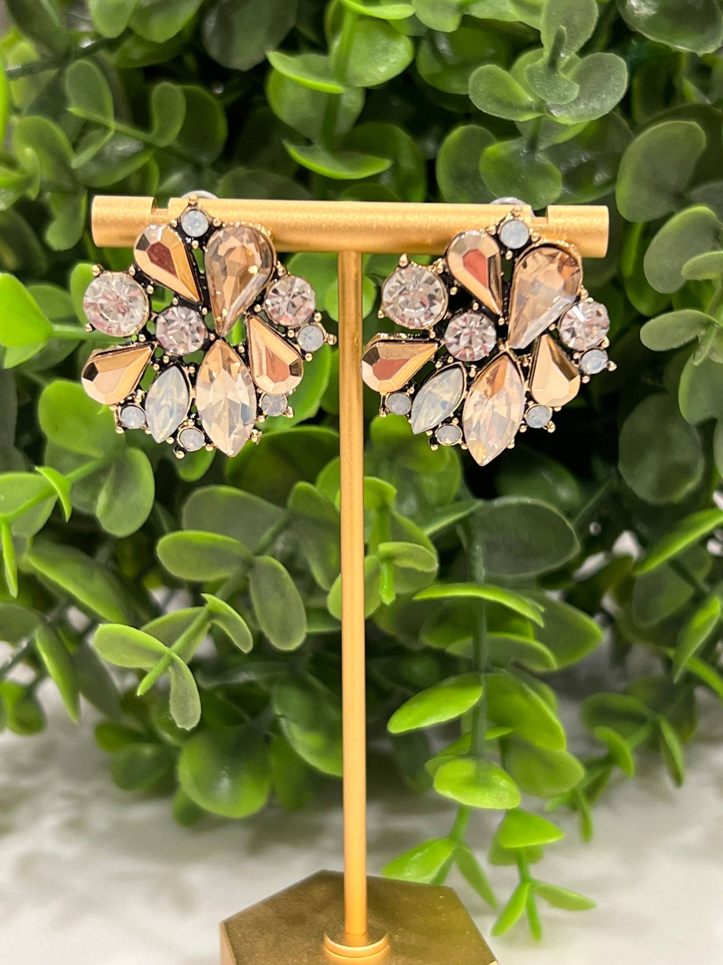 Buttoned Up with Lux - Champagne Statement Stud Flower Crystal Earrings