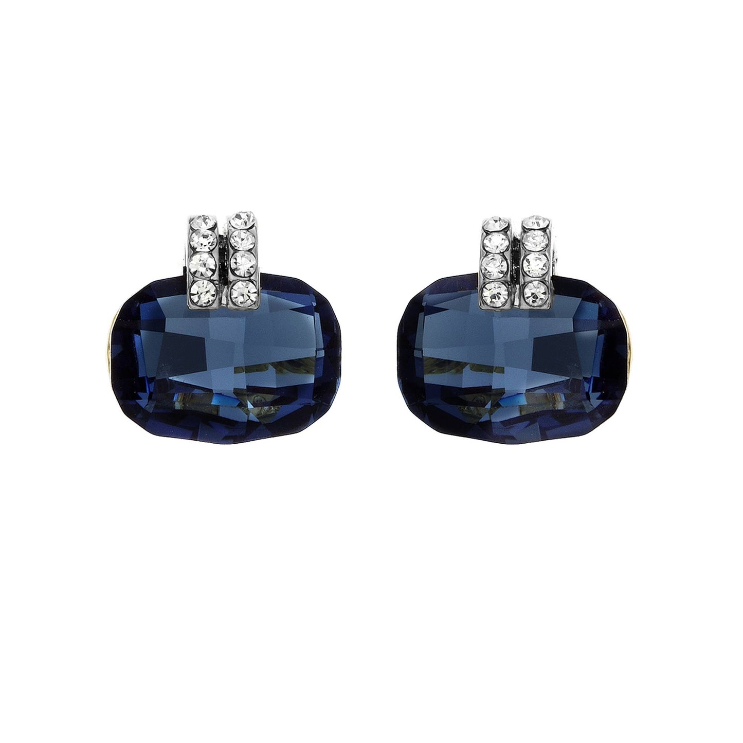 Luxe on Main LLC - Silver Plated Cushion Cut Bl Denim & Clear Crystals Earrings