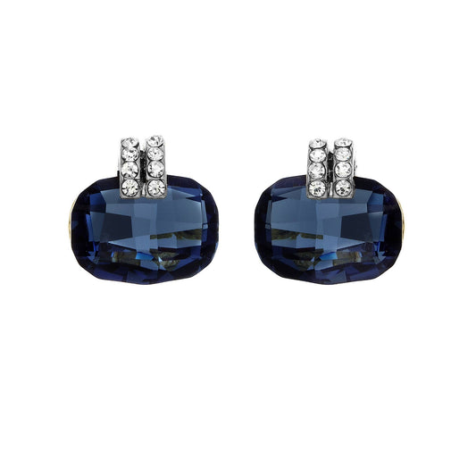 Luxe on Main LLC - Silver Plated Cushion Cut Bl Denim & Clear Crystals Earrings