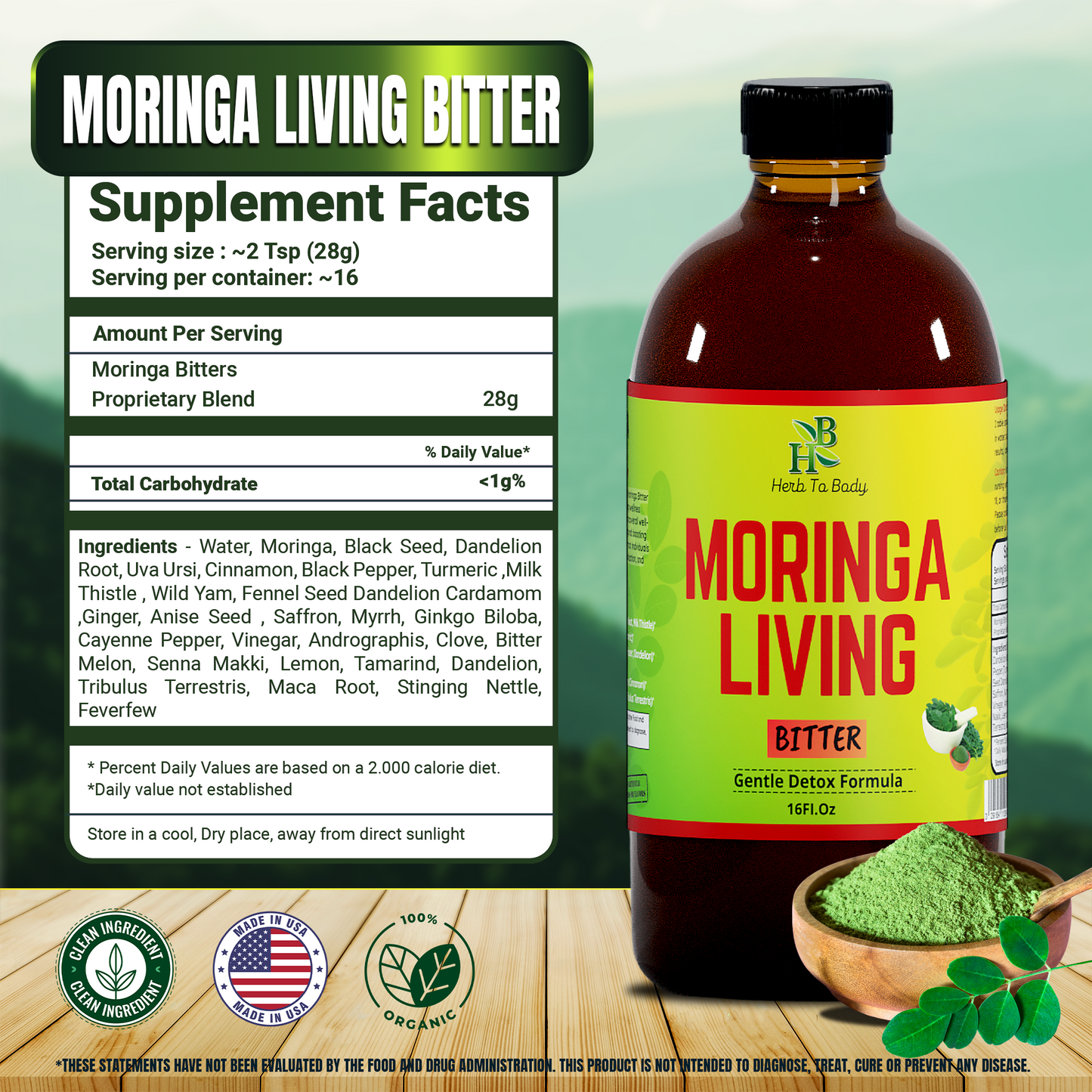 Herb To Body - Moringa Living Bitter Oral Supplement 16oz