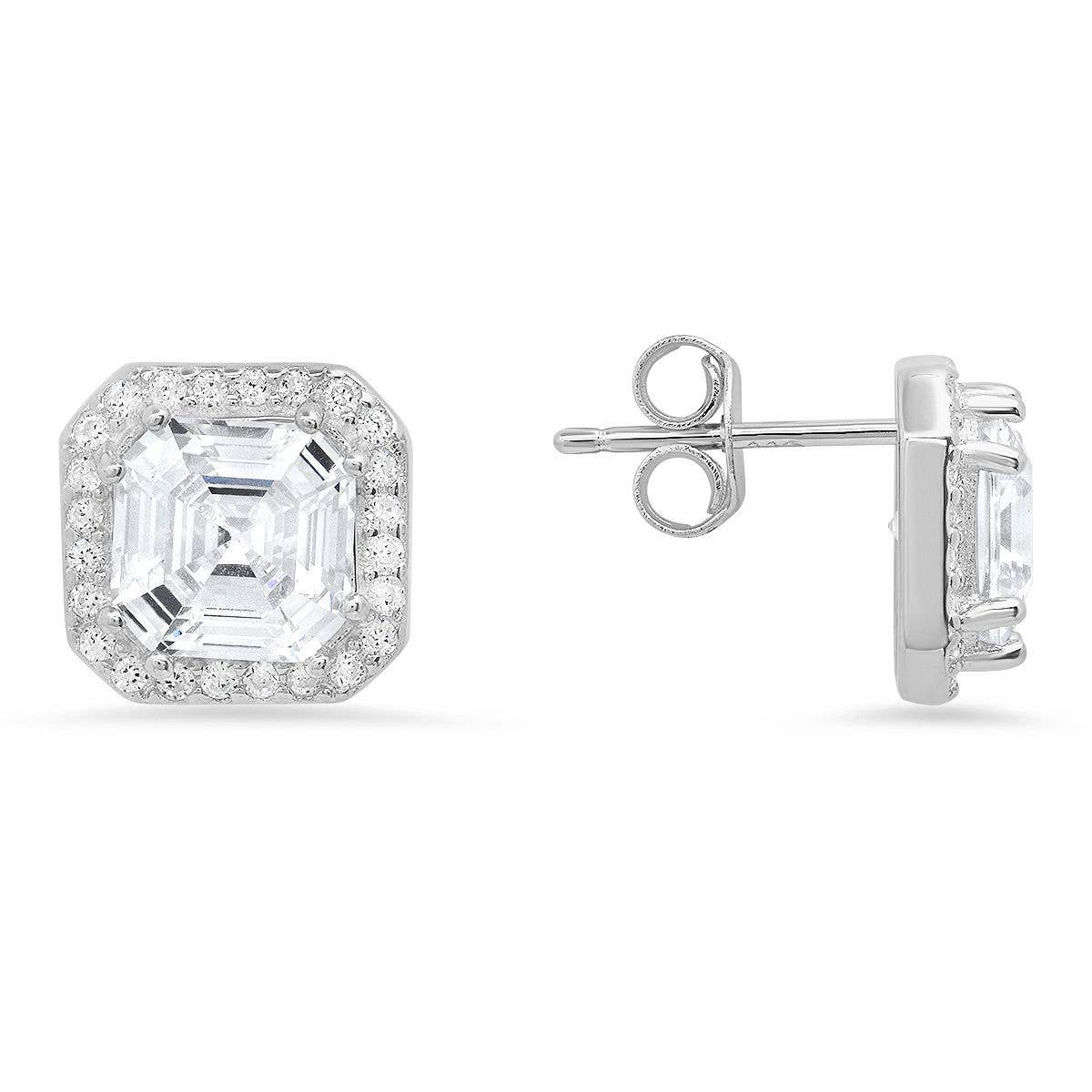 Queen Jewels - 925 Silver/Gold Asscher-cut Halo Stud Earrings