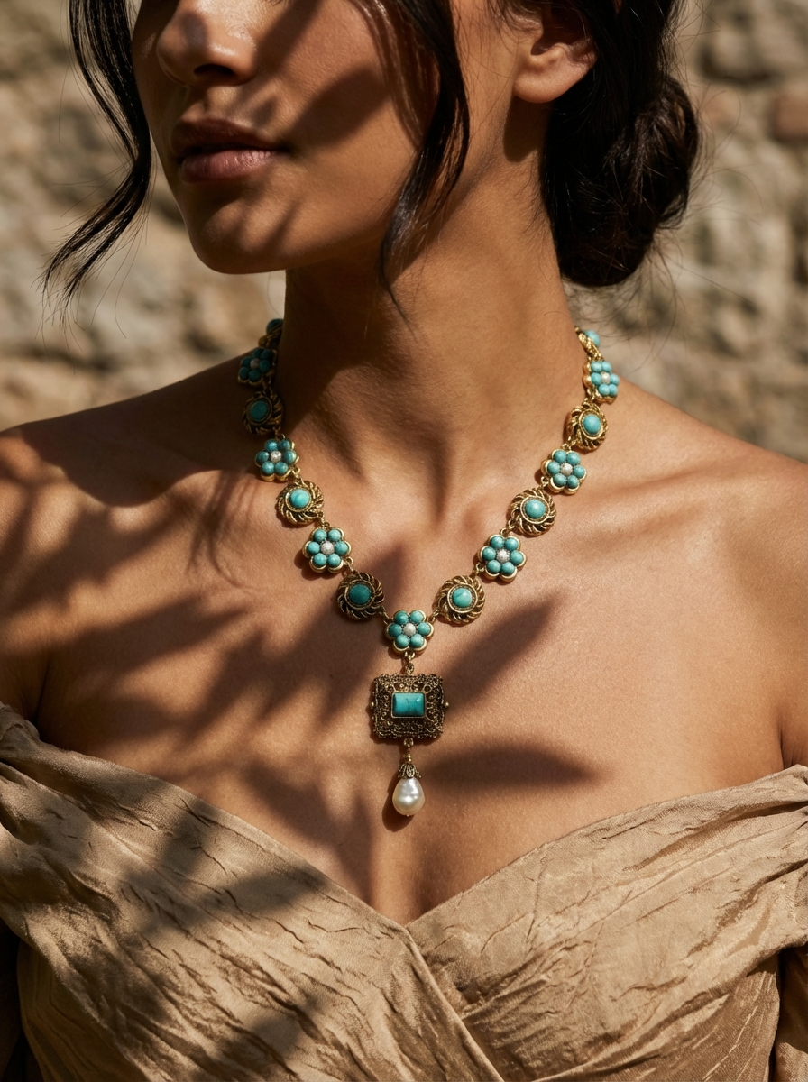 GirlyPirateCo - Vintage Turquoise & Natural Baroque Pearl Pendant Necklace