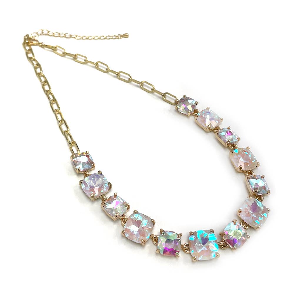 StarryNYC - Cushion Cut Square Glass Crystal Linked Chain Necklace