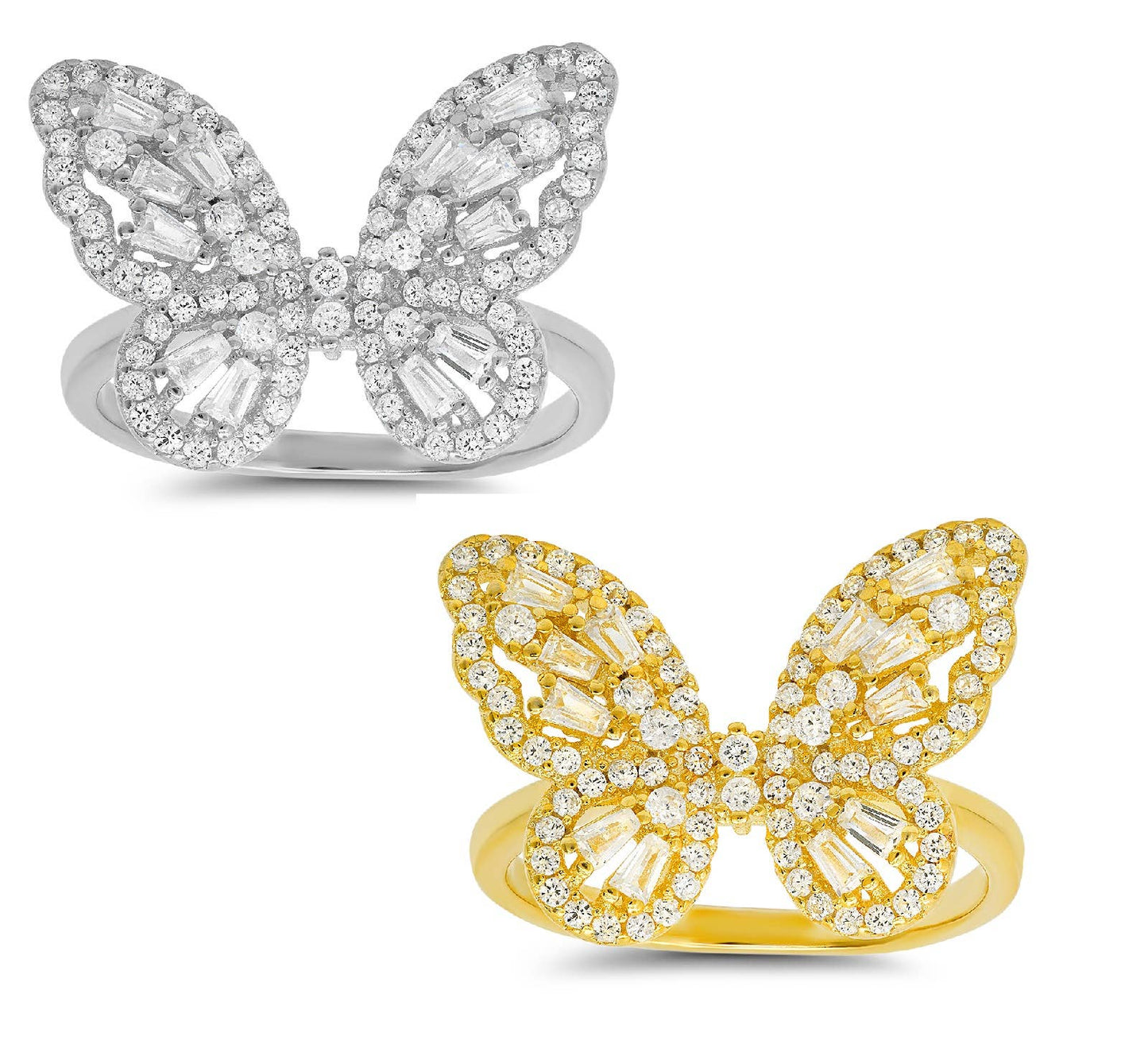 Queen Jewels - 925 Silver/Gold Diamond CZ Baguette Butterfly Ring