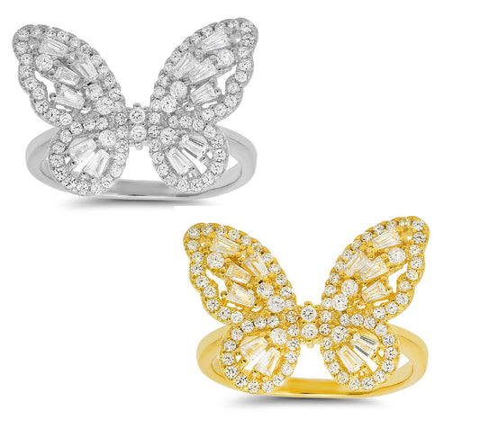 Queen Jewels - 925 Silver/Gold Diamond CZ Baguette Butterfly Ring