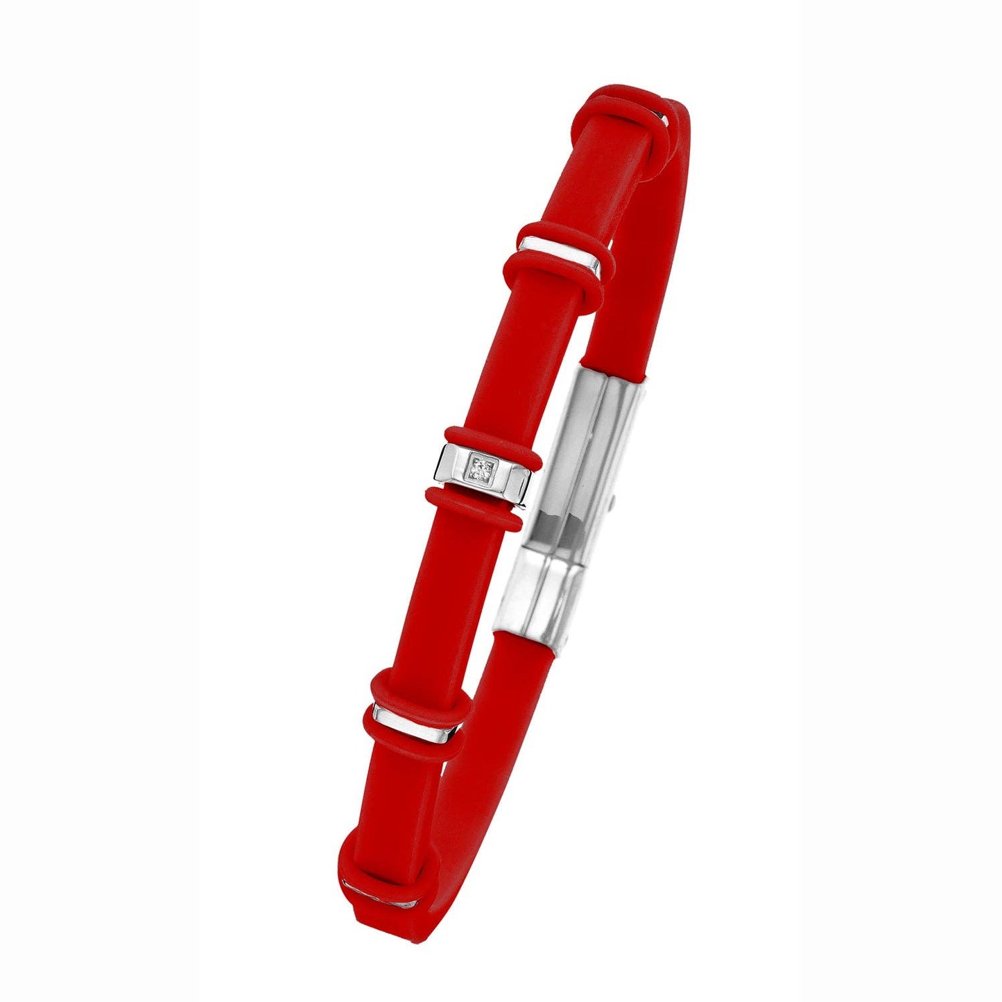 Luxe on Main LLC - Five Station Stainless Steel/CZ & Red Silicone Bracelet