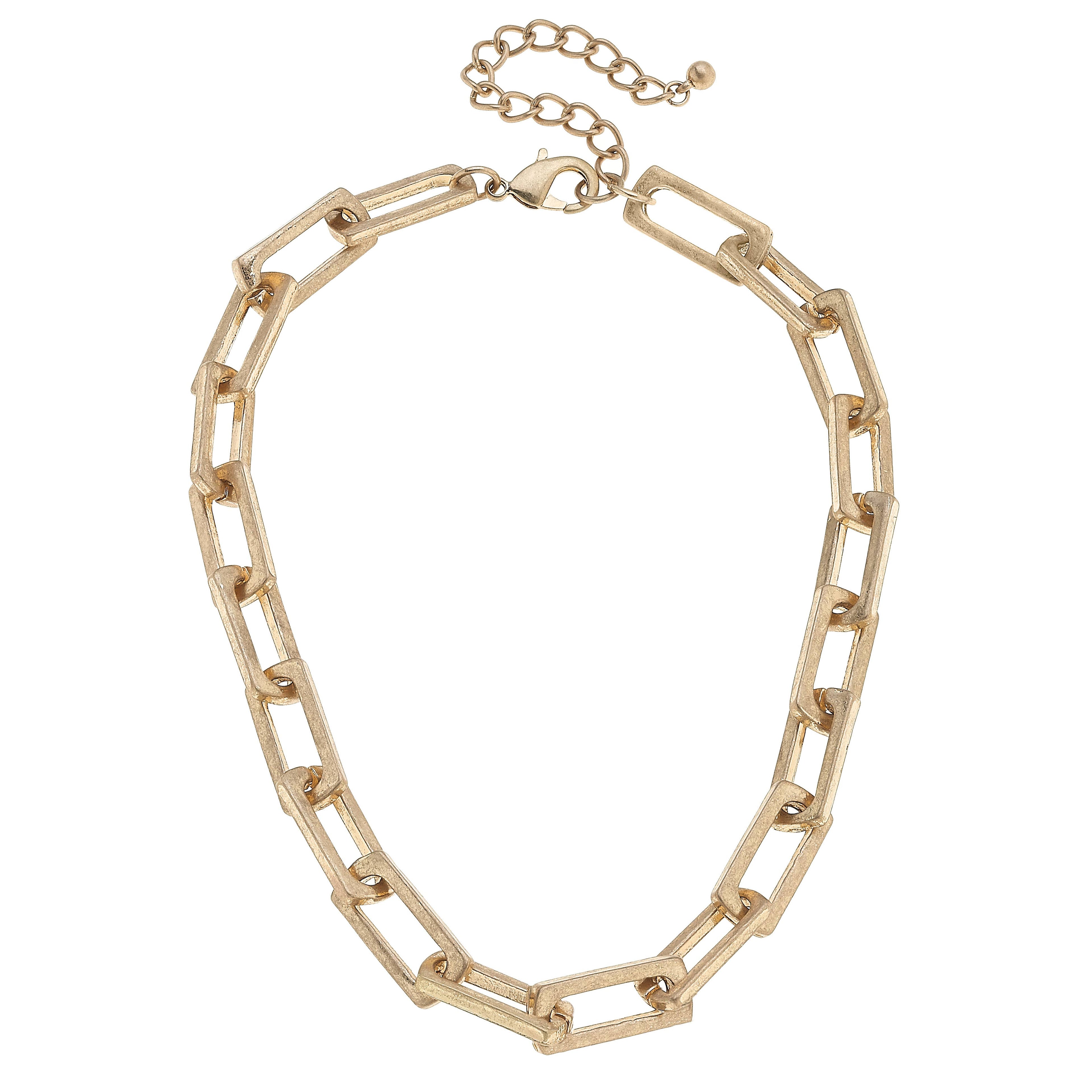 Canvas Style - Lennox Chunky Rectangle Chain Link Necklace in Worn Gold