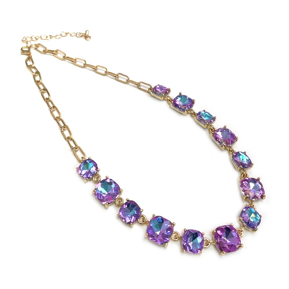 StarryNYC - Cushion Cut Square Glass Crystal Linked Chain Necklace