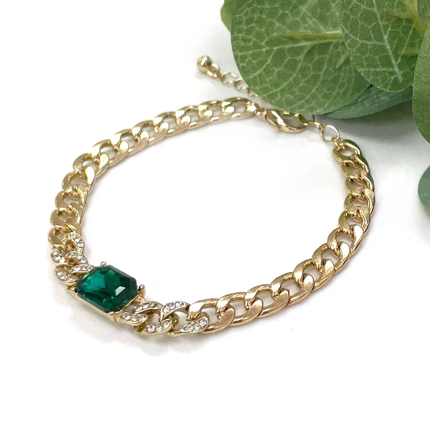 StarryNYC - Square Cushion Cut Glass with Curbed Chain Metal Bracelet