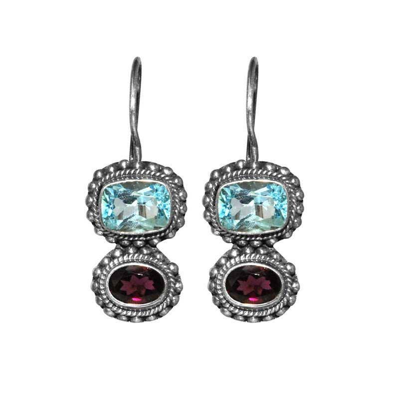 Bali Designs - NKE-1153-CO1 Sterling Silver Earring With Garnet, Blue Topaz