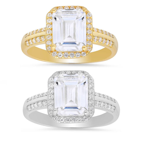 Queen Jewels - Sterling Silver Emerald-cut Halo CZ Ring