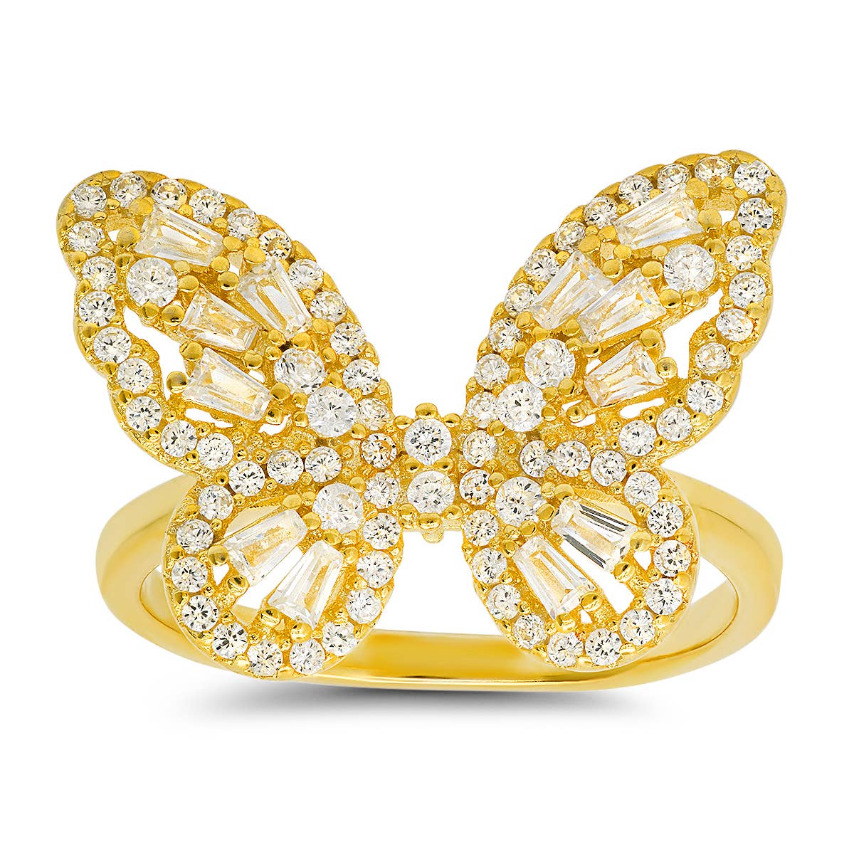 Queen Jewels - 925 Silver/Gold Diamond CZ Baguette Butterfly Ring