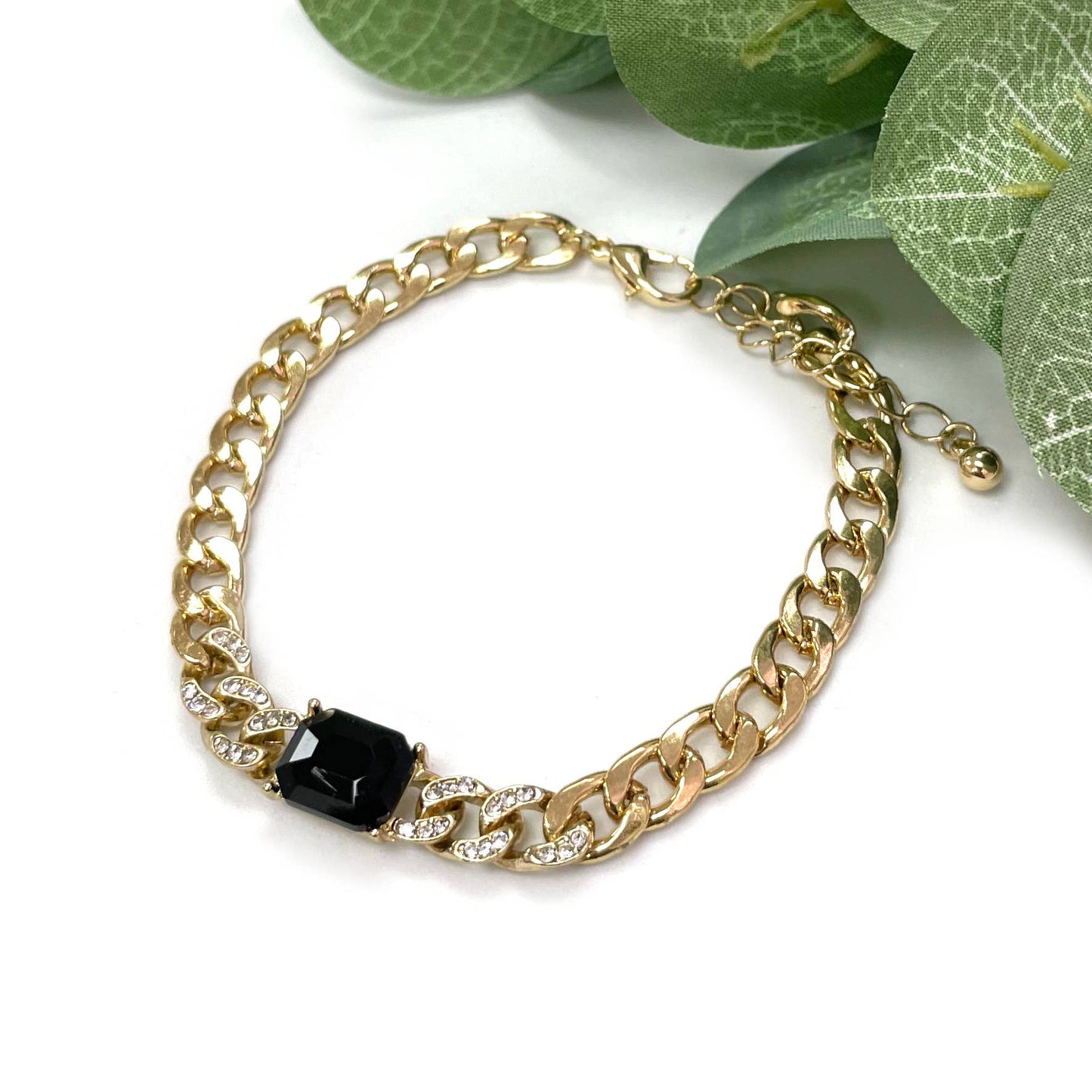 StarryNYC - Square Cushion Cut Glass with Curbed Chain Metal Bracelet