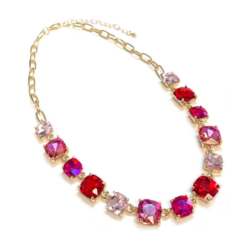 StarryNYC - Cushion Cut Square Glass Crystal Linked Chain Necklace