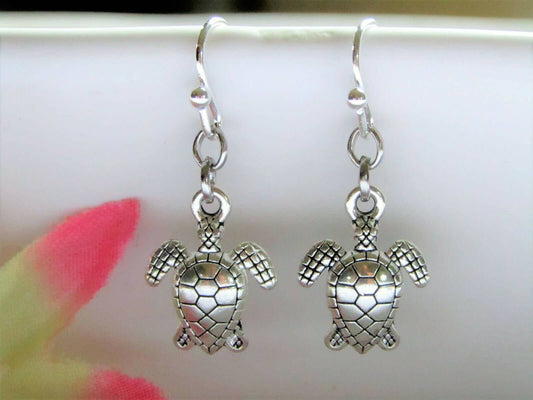 Bad Apple Designs - Sea Turtle Charm Silver Dangle Earrings, Beach Themed Acessories For Women