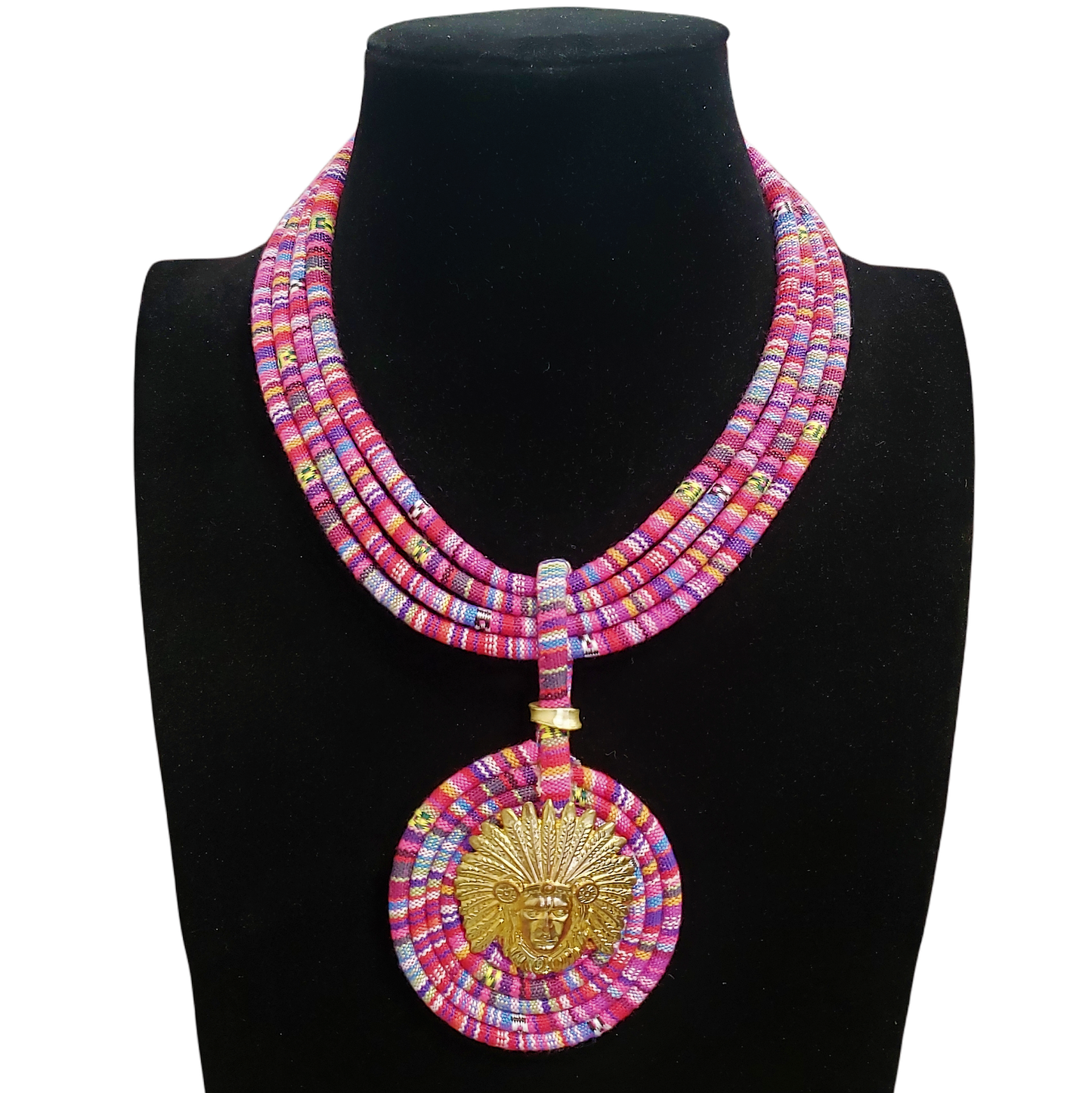 Gardenia Jewelry Ltd. - Pink & Gold Tribal Fusion Fabric Pendant Necklace