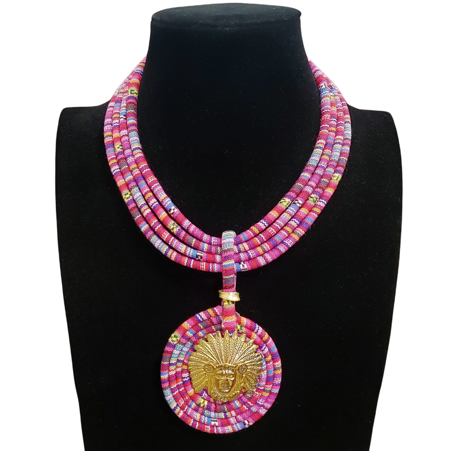 Gardenia Jewelry Ltd. - Pink & Gold Tribal Fusion Fabric Pendant Necklace