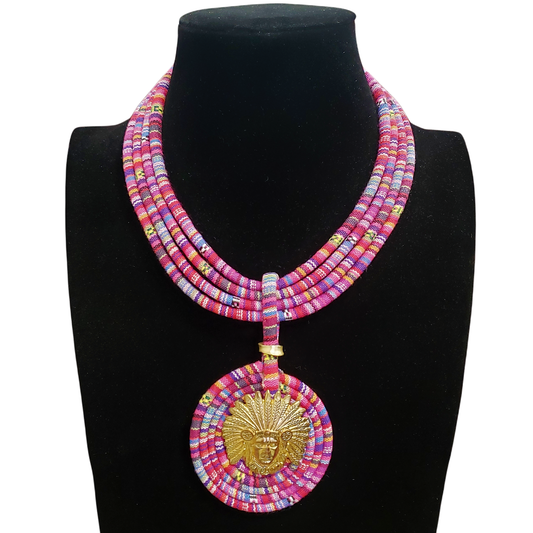 Gardenia Jewelry Ltd. - Pink & Gold Tribal Fusion Fabric Pendant Necklace