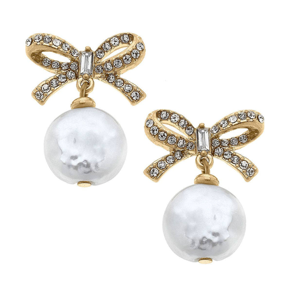 Canvas Style - Addison Pavé Bow & Pearl Drop Earrings in Worn Gold