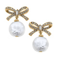 Canvas Style - Addison Pavé Bow & Pearl Drop Earrings in Worn Gold