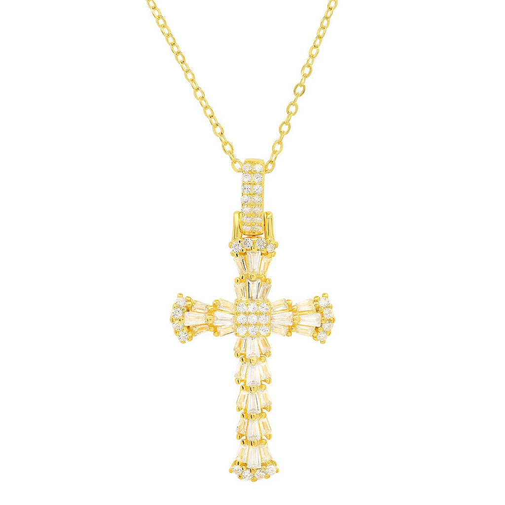 Queen Jewels - 925 Silver/Gold Diamond CZ Fancy Baguette-cut Cross Pendant