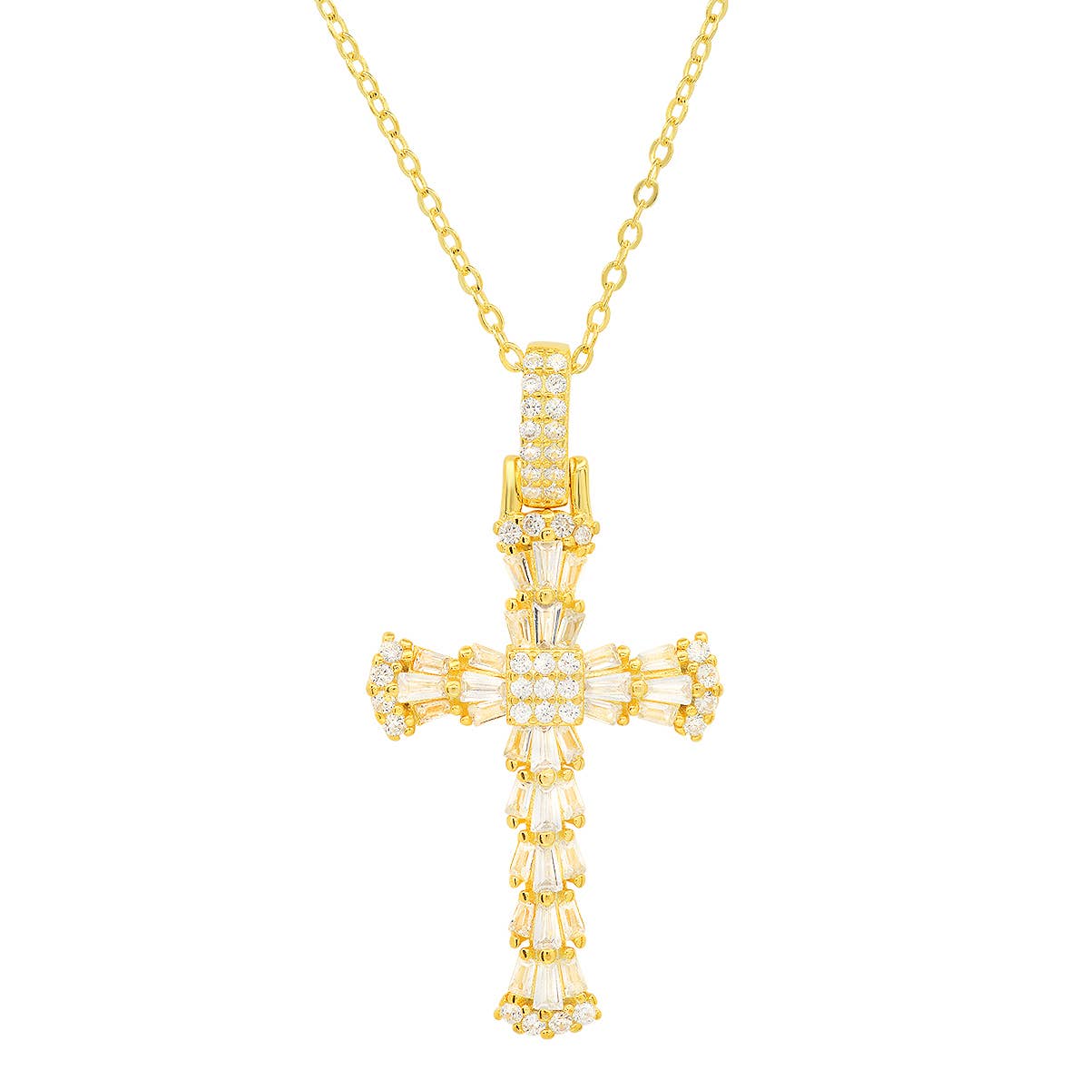 Queen Jewels - 925 Silver/Gold Diamond CZ Fancy Baguette-cut Cross Pendant