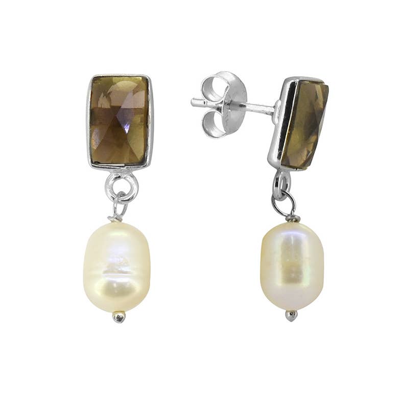 Tiramisu - 925 Sterling Silver Smoky Quartz Pearl Gemstone Stud Earring