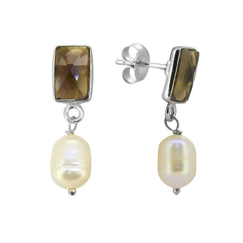 925 Sterling Silver Smoky Quartz Pearl Gemstone Stud Earring