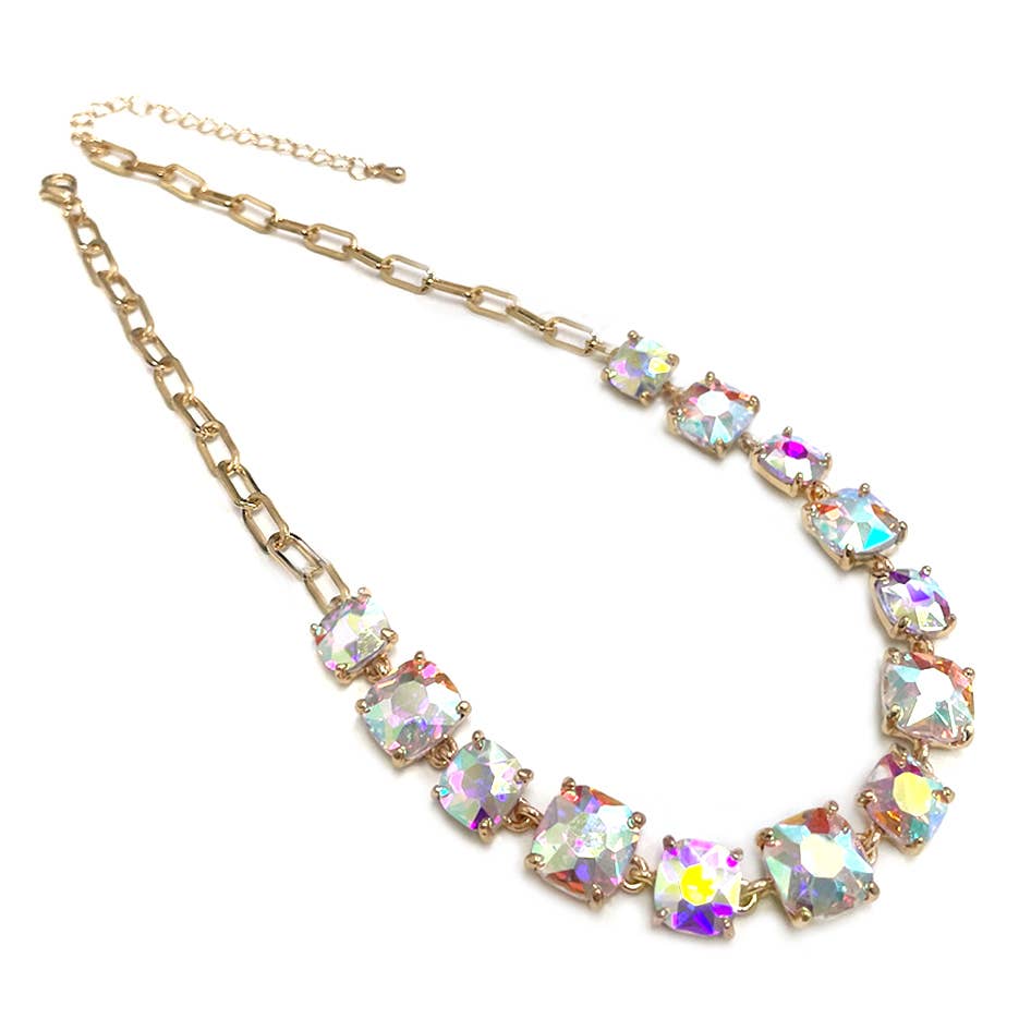 StarryNYC - Cushion Cut Square Glass Crystal Linked Chain Necklace
