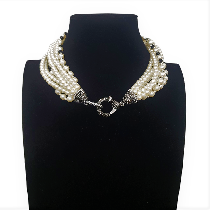 Gardenia Jewelry Ltd. - Pearl & Rhinestone Fireball Twist w/ Chunky Clasp Necklace