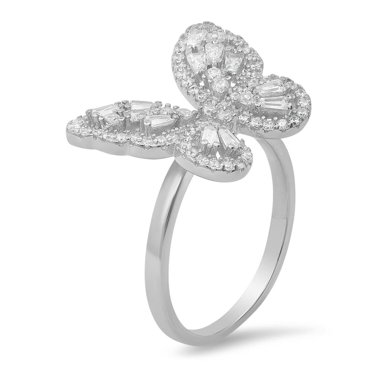 Queen Jewels - 925 Silver/Gold Diamond CZ Baguette Butterfly Ring