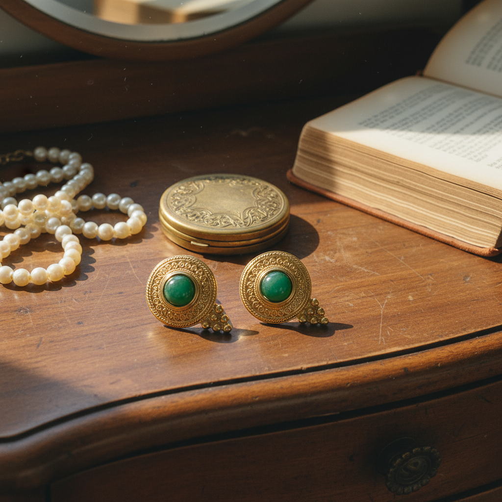 GirlyPirateCo - Vintage 18K Gold Plated Natural Green Stone Earrings