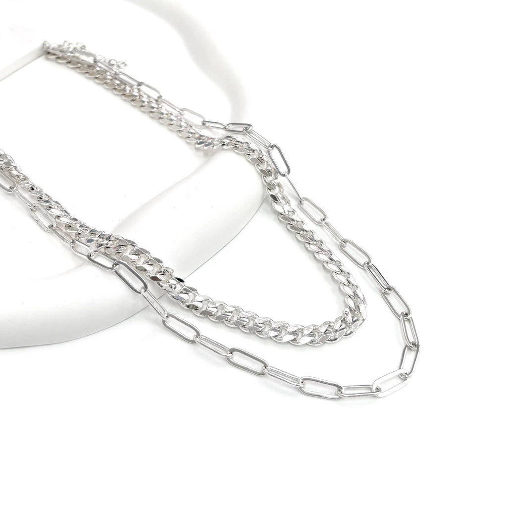 StarryNYC - Two Row Curbed & Paper Clip Chain Metal Necklace