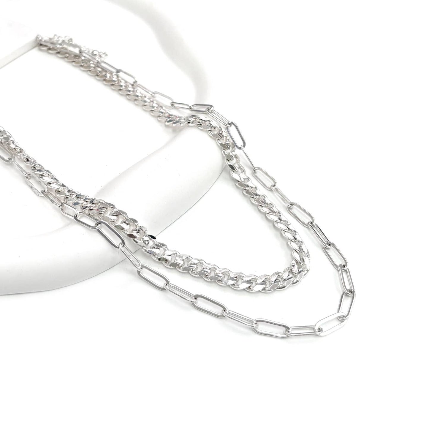 StarryNYC - Two Row Curbed & Paper Clip Chain Metal Necklace
