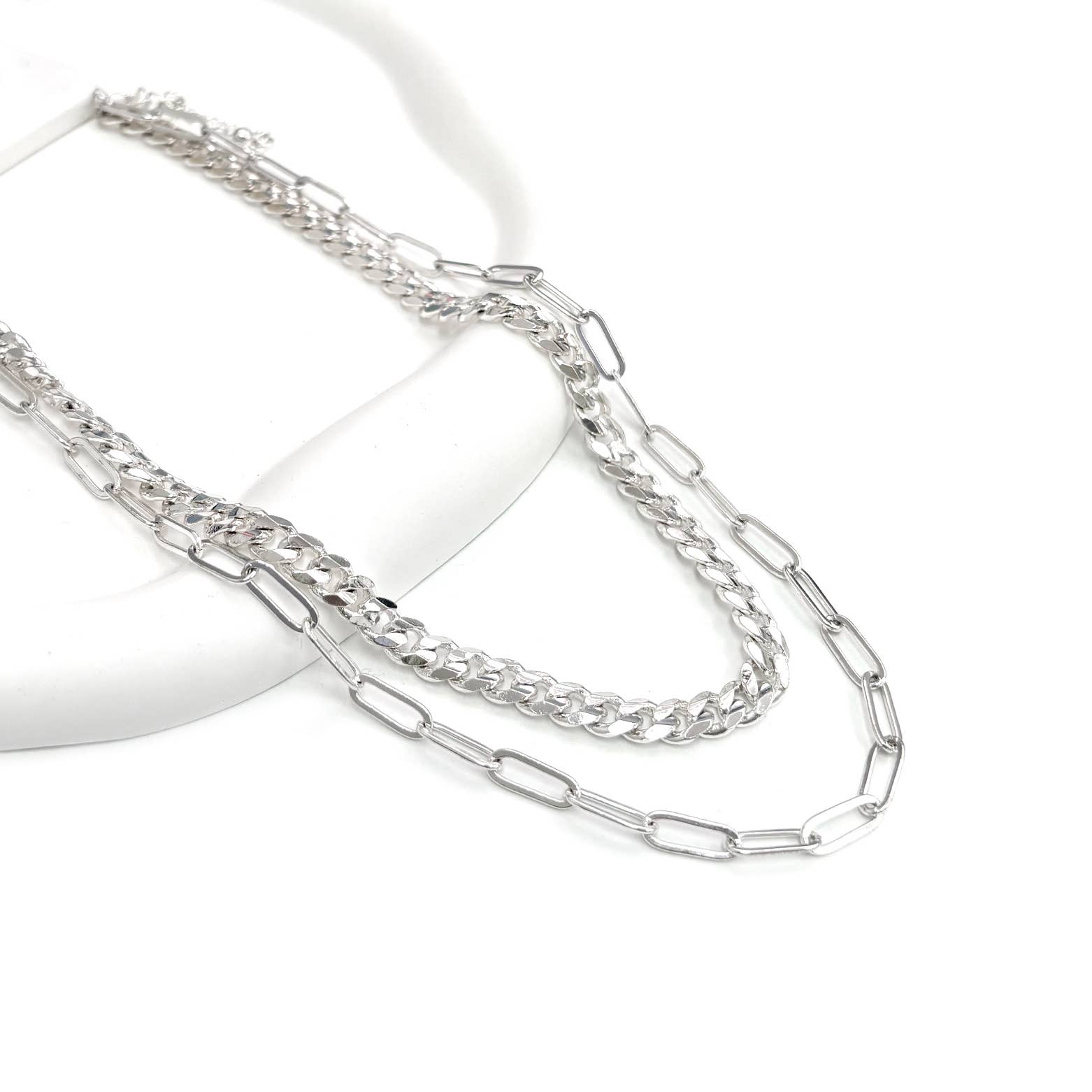 StarryNYC - Two Row Curbed & Paper Clip Chain Metal Necklace