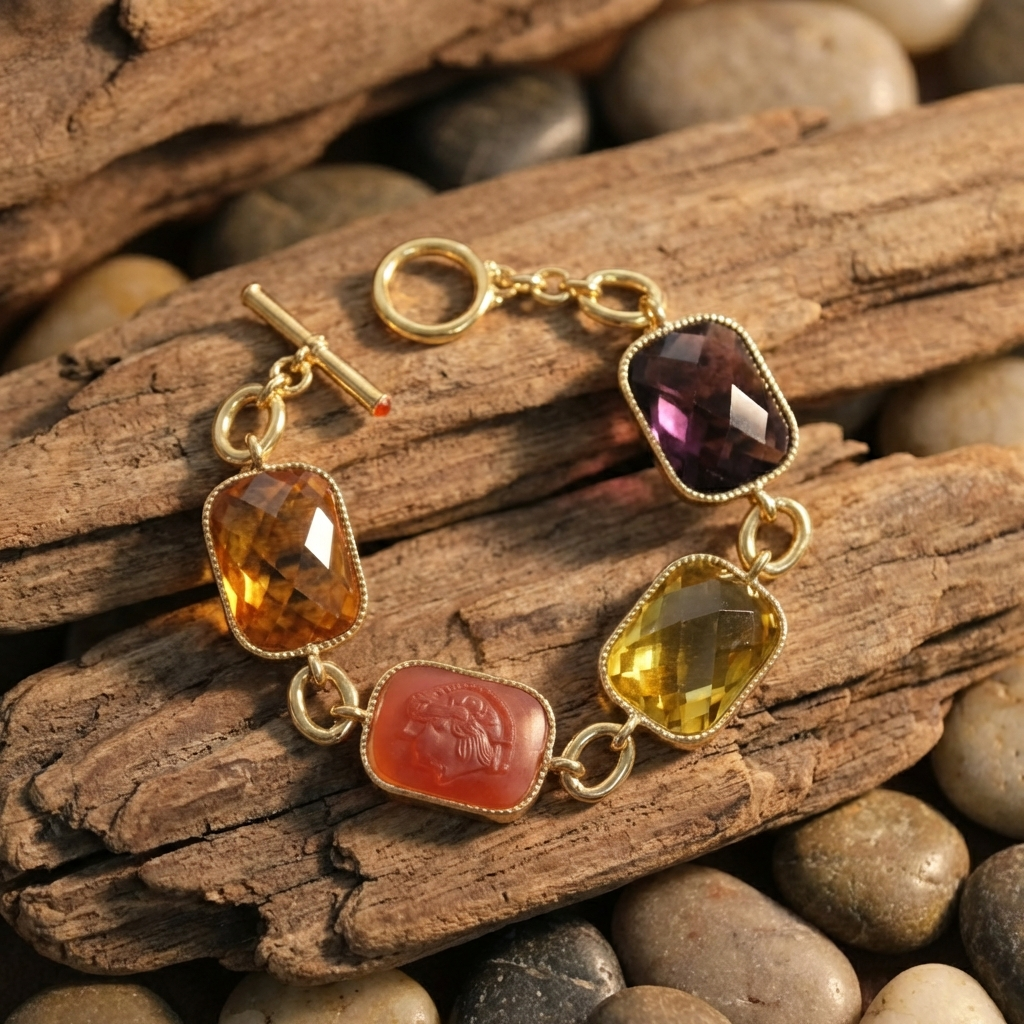 GirlyPirateCo - Vintage 18K Gold-Plated Colorful Crystals&Red Agate Bracelet