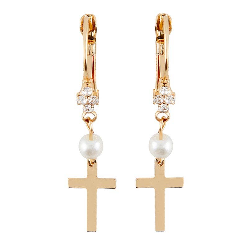 Christian Brands Catholic - Gld Crs Earring Prl & Crystal