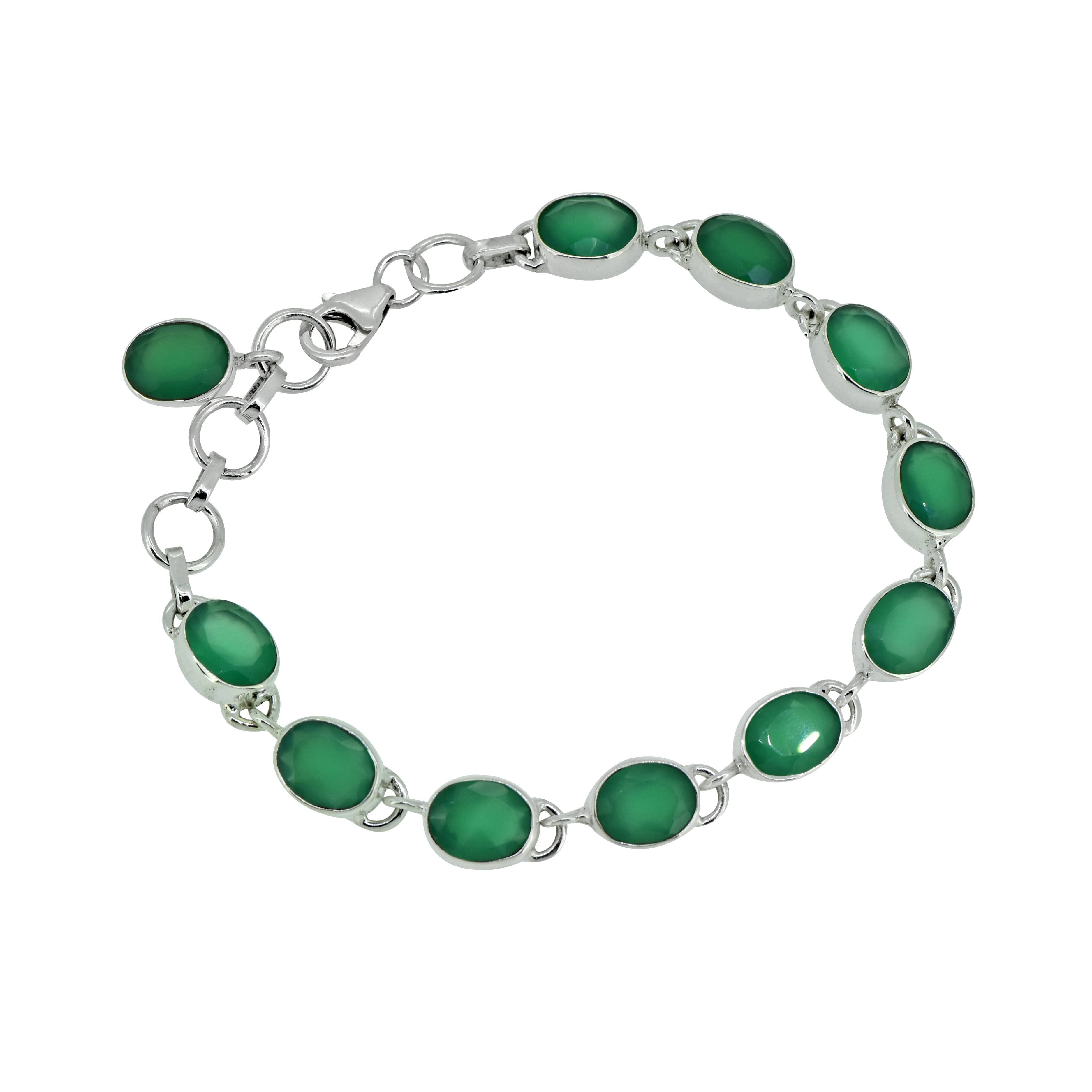 Tiramisu - 925 Sterling Silver Green Onyx Link & Chain Bracelet