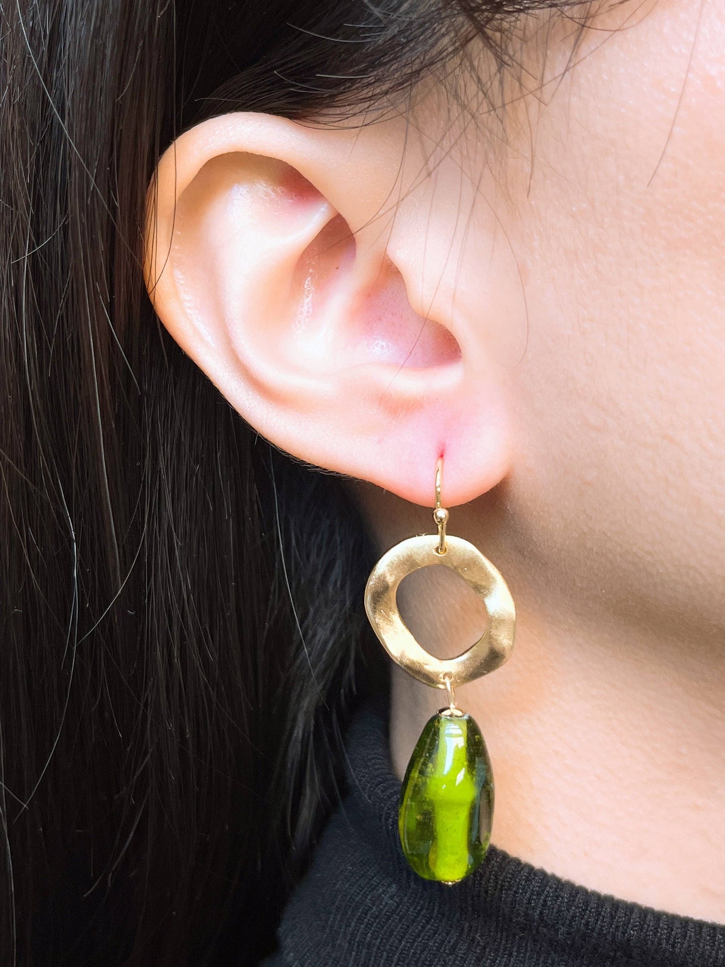 Zoey Simmons - Peridot Murano Glass & Hammered Hoop Drop Earrings - GF
