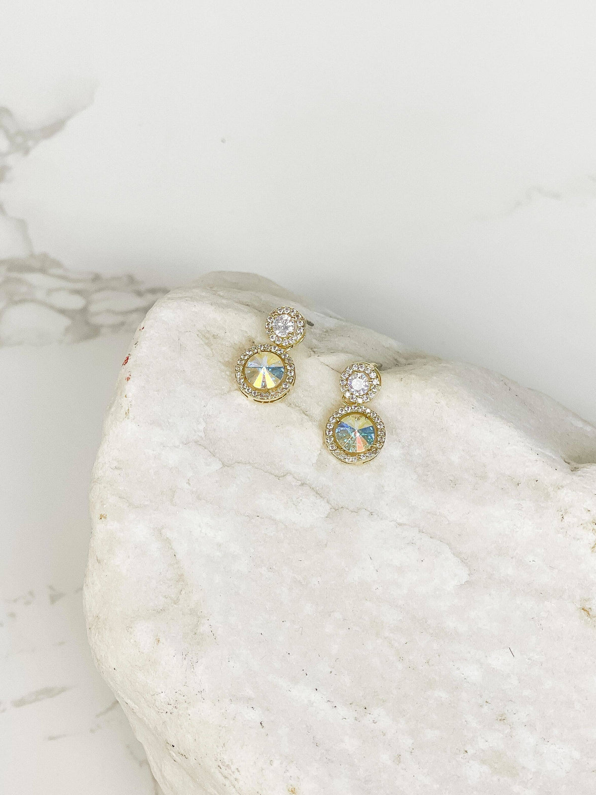 Prep Obsessed Wholesale - Round Crystal Drop Stud Earrings - White