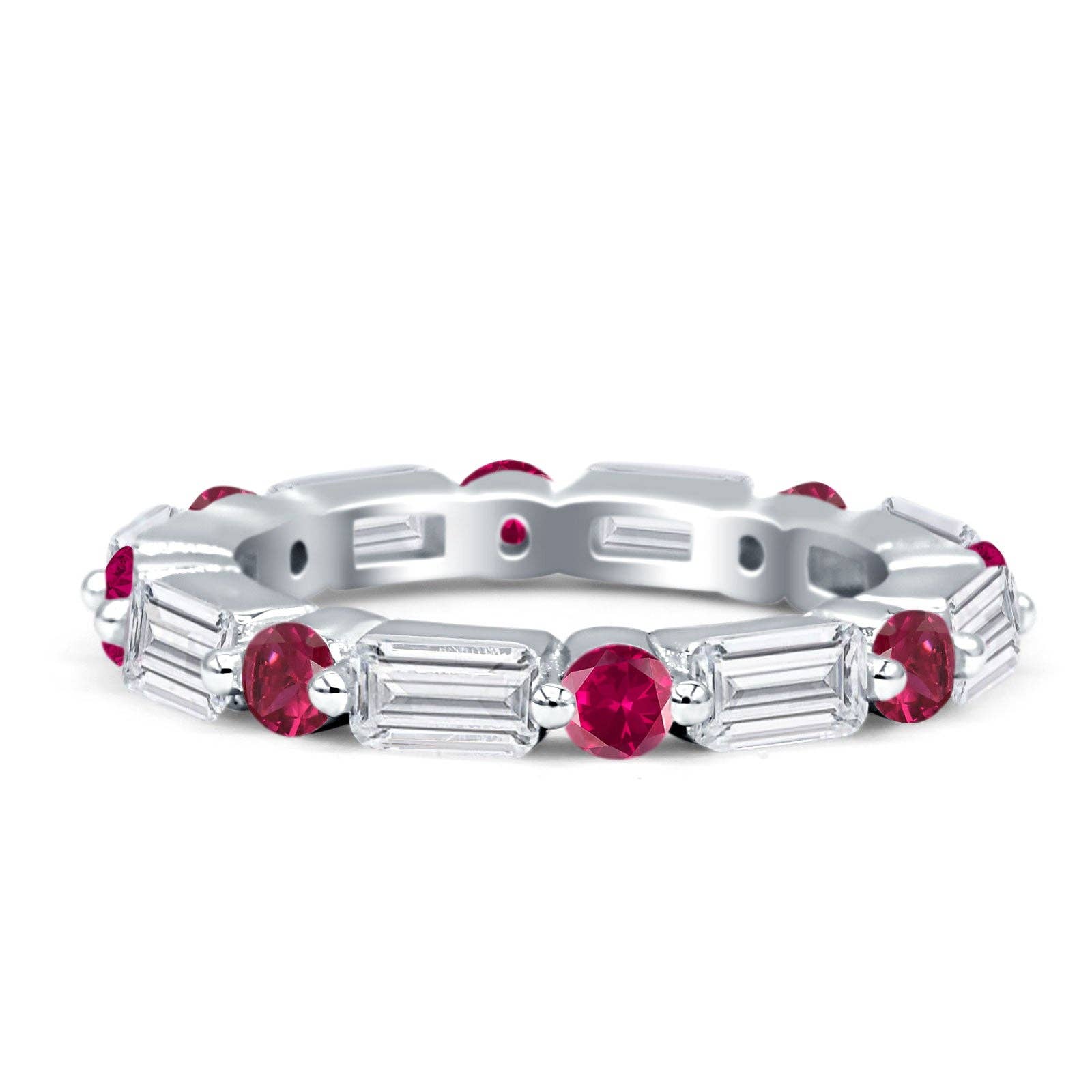 Blue Apple Imports - Full Eternity 3mm Emerald Cut & Round Ruby CZ Wedding Band