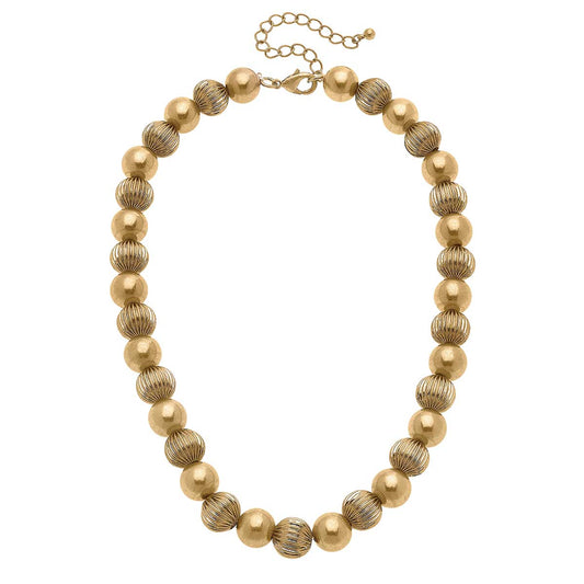Canvas Style - Maren Ribbed Metal Ball Bead Necklace in Worn Gold