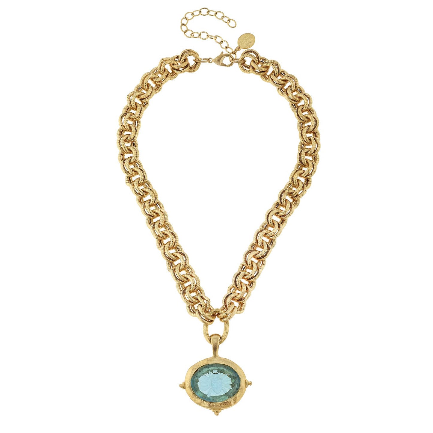 Susan Shaw - Aqua Venetian Glass Bee Intaglio on Gold Chain Necklace