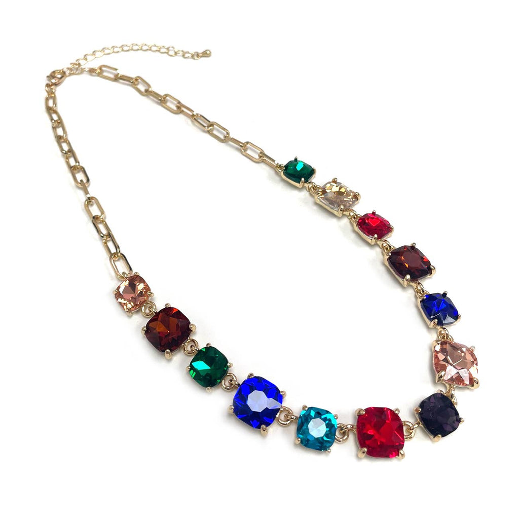 StarryNYC - Cushion Cut Square Glass Crystal Linked Chain Necklace