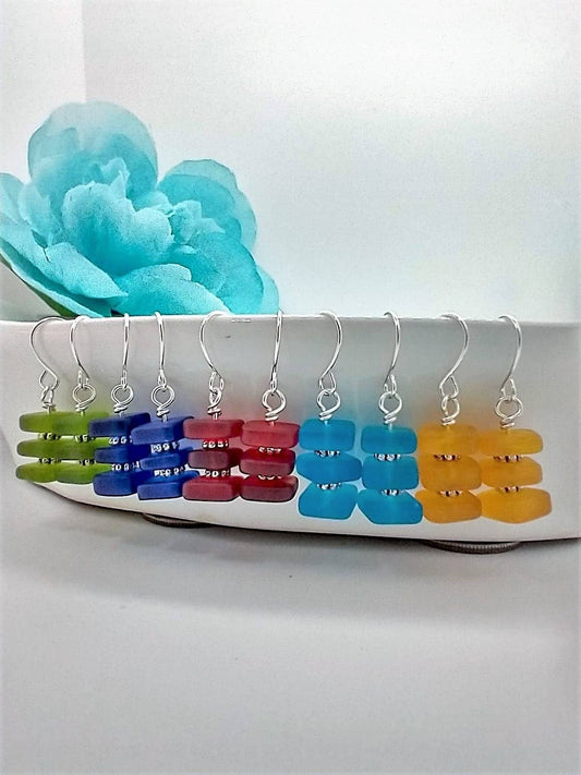 Bad Apple Designs - Stacked Square Sea Glass, .925 Sterling Silver Dangle Earrin