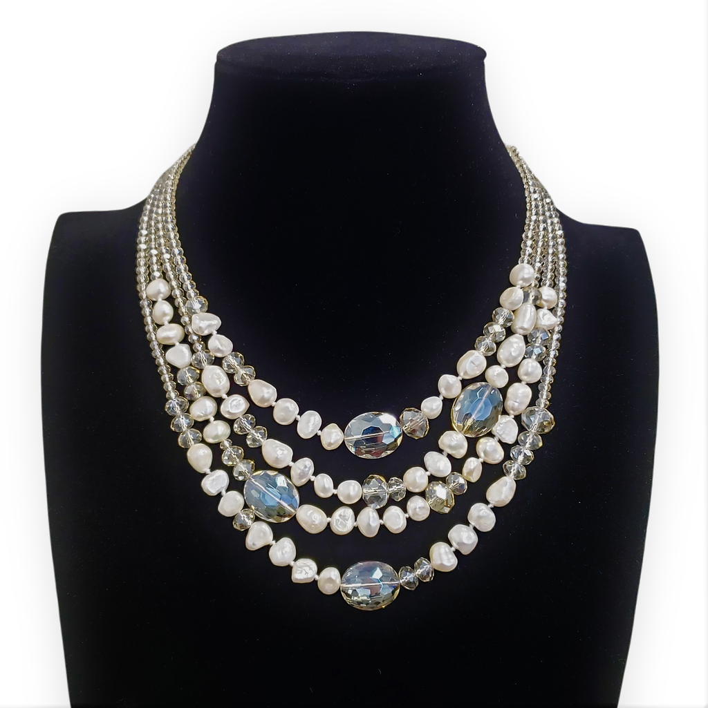 Gardenia Jewelry Ltd. - Handmade Multi Strand Champagne Crystal & Pearl Necklace