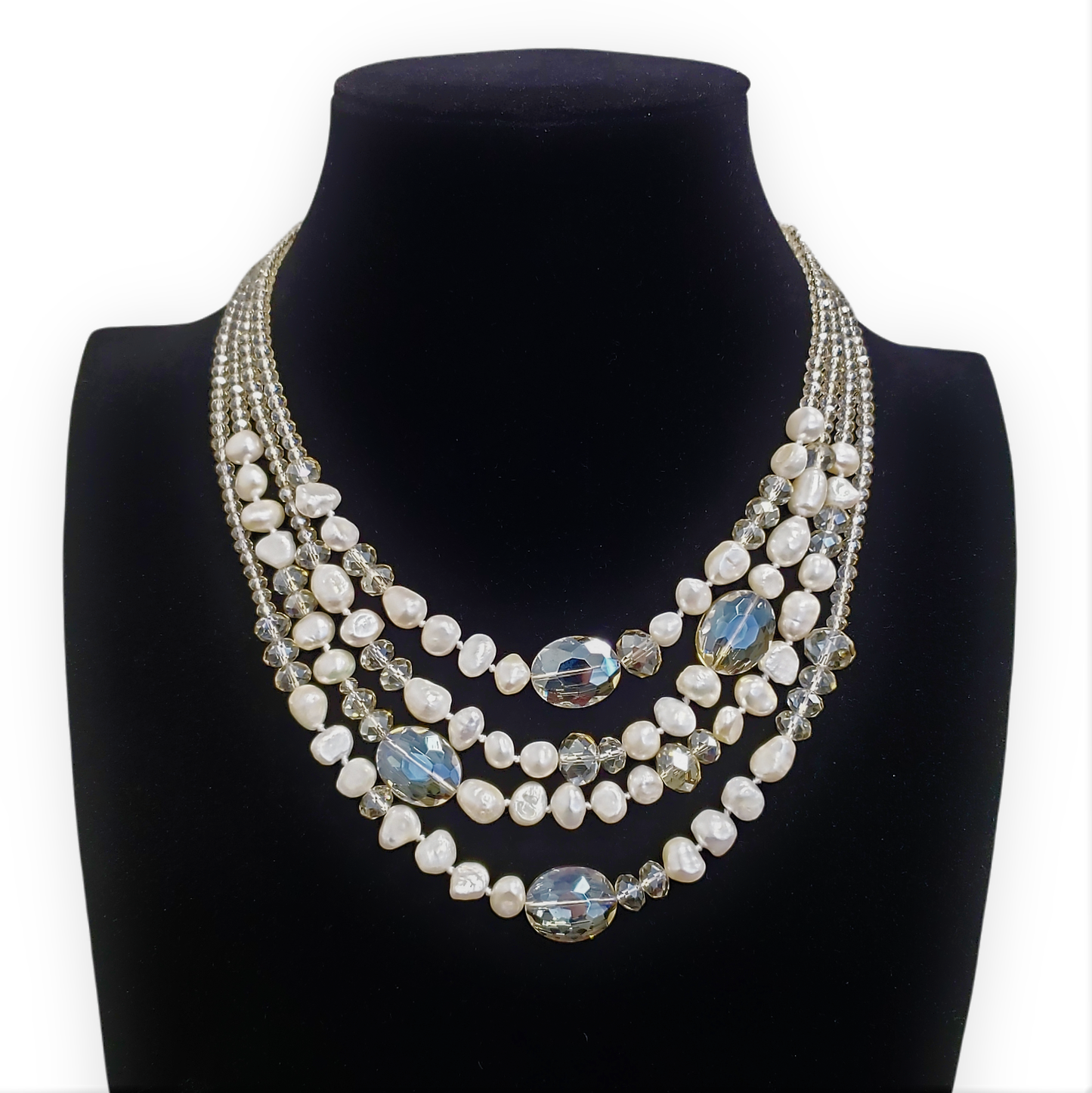 Gardenia Jewelry Ltd. - Handmade Multi Strand Champagne Crystal & Pearl Necklace