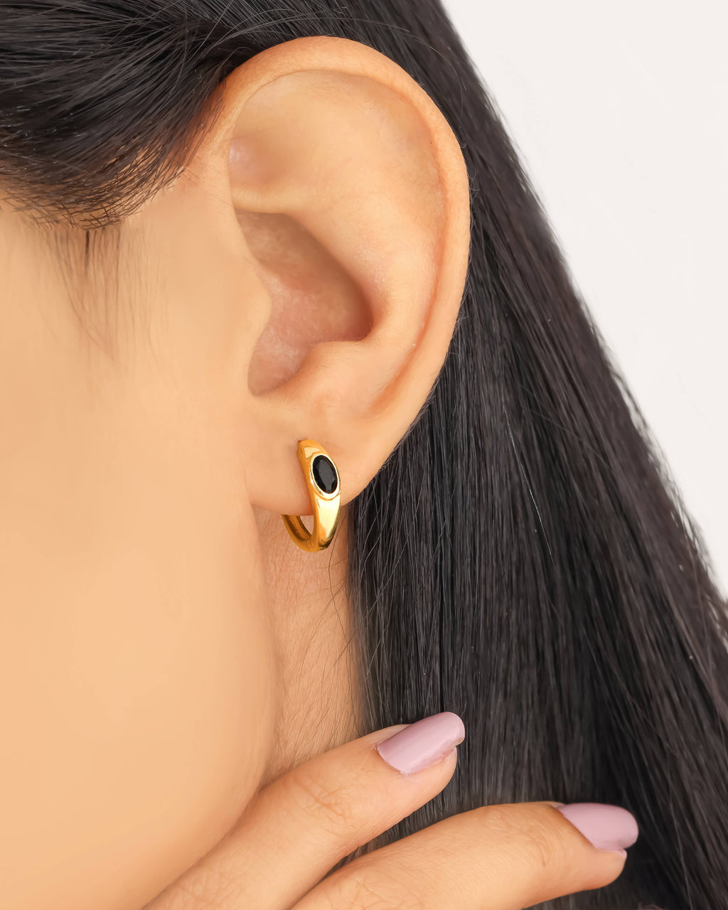 Tiramisu - 14K Gold Plated Over Silver Black Onyx Gemstone Hoop Earring