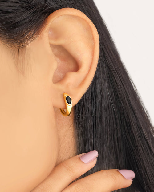 14K Gold Plated Over Silver Black Onyx Gemstone Hoop Earring